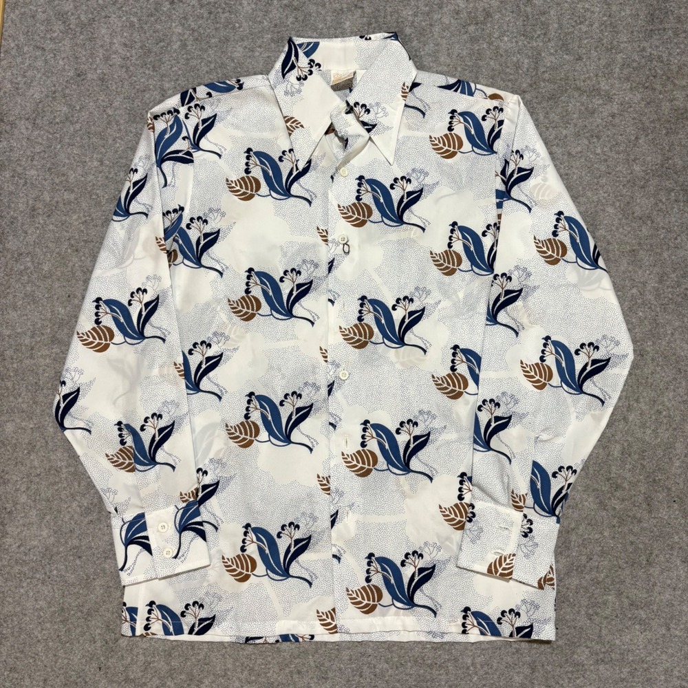 Vintage Kings Road Sears 70s Floral Print Polyester Shirt Mens Medium White Blue